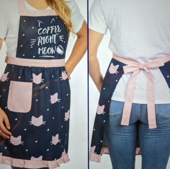 Pantry Apron Coffee Right Meow NWT Blue Pink NWT - Picture 2 of 16